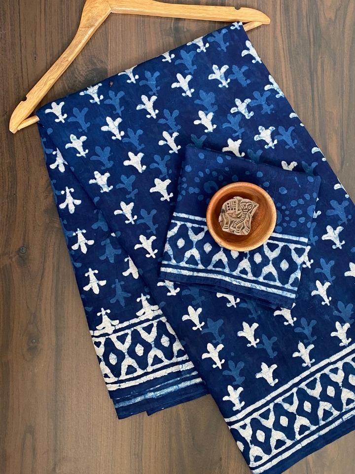 3 Bander Small Butti 2 Kaam Jaal Indigo Base With Bander Jaal Off White Single Katli   Border Hand Block Print