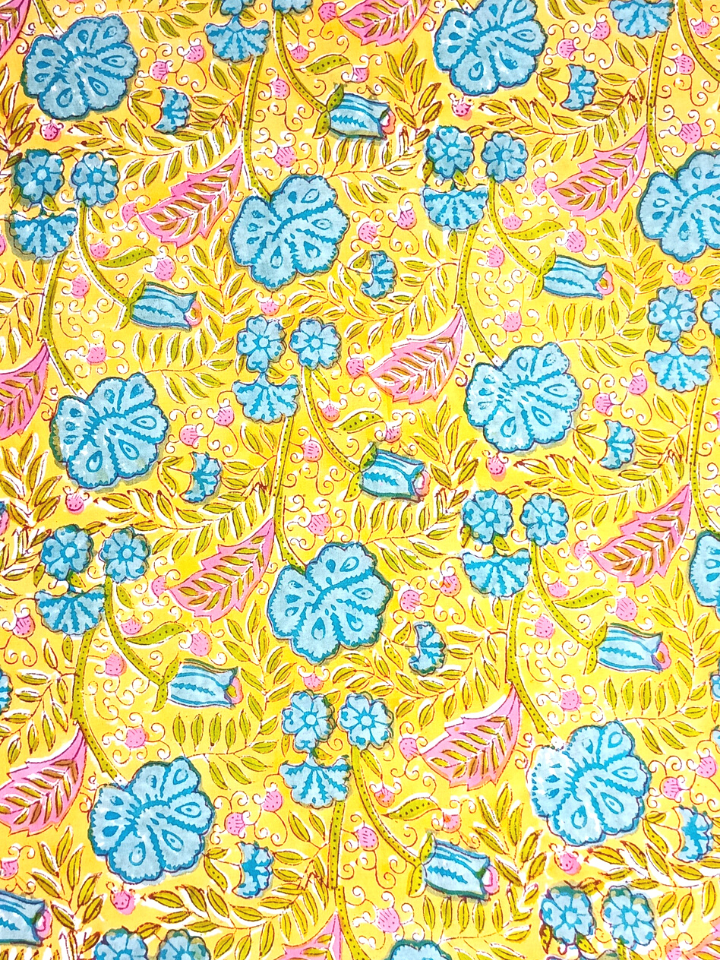 Rapid Yellow And Sky Blue Floral Kalamkari Jaal Print