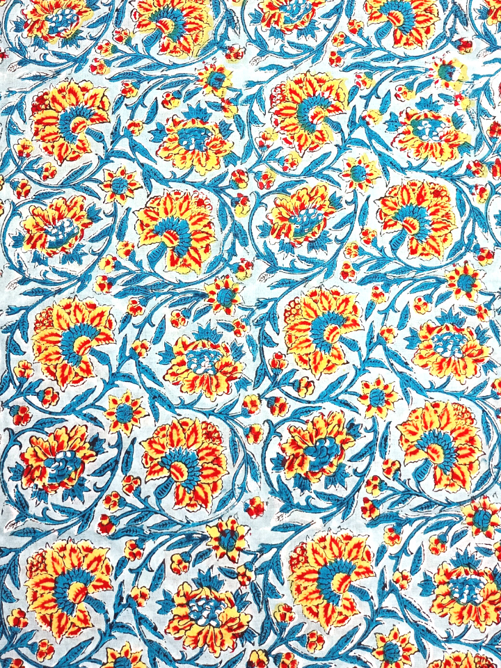 Rapid Sky Blue And Yellow Floral Kalamkari Jaal Print