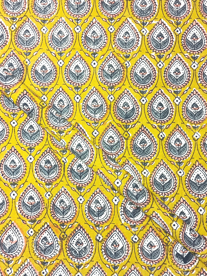 Bagru Kalamkari Grey And Yellow Small Butti Print