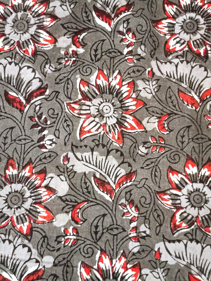 Jawtha Red Flower Jaal Kalamkari With Brown Leaves Print