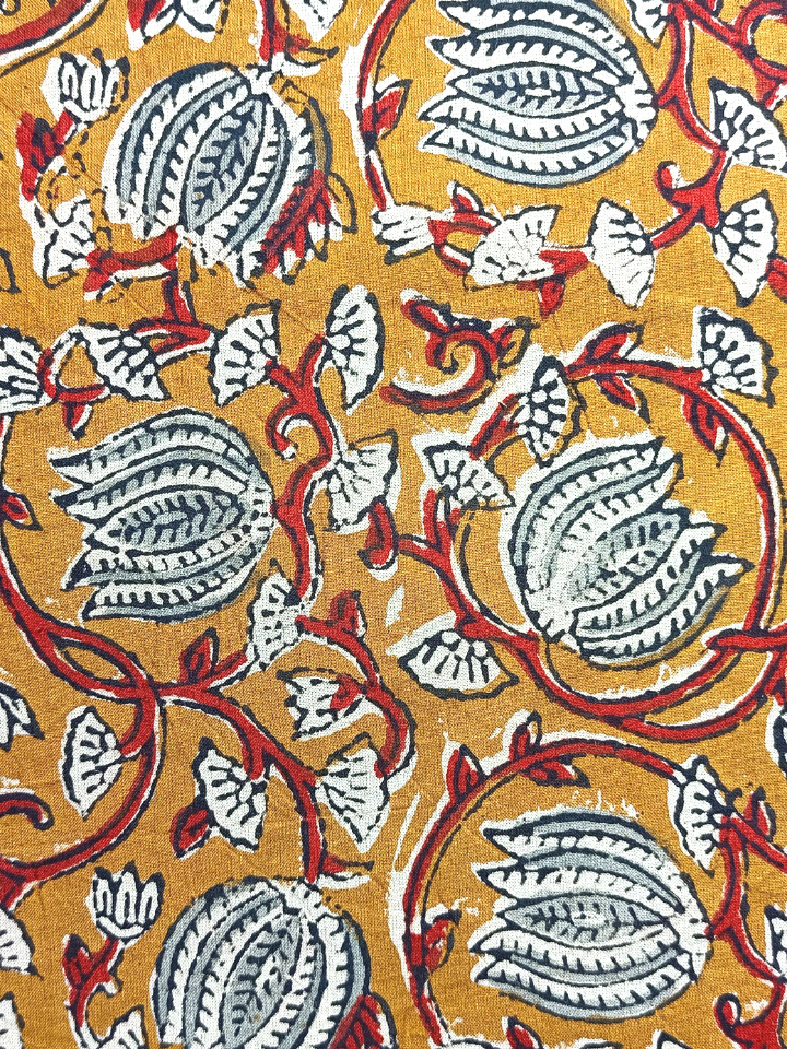 Bagru 2 Kaam Sunflower Base Off Cream Flower Red  And Leave Off Yellow Colour Hand Block Print Fabric