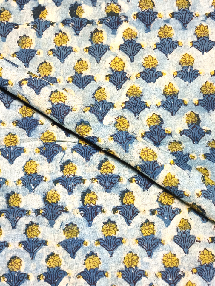 Ajrak Yellow Chhoti Butti With Indigo Leaves Print