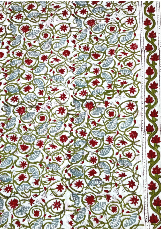 Mughal Red And Aqua Green Kalalmkari Floral Jaal Print