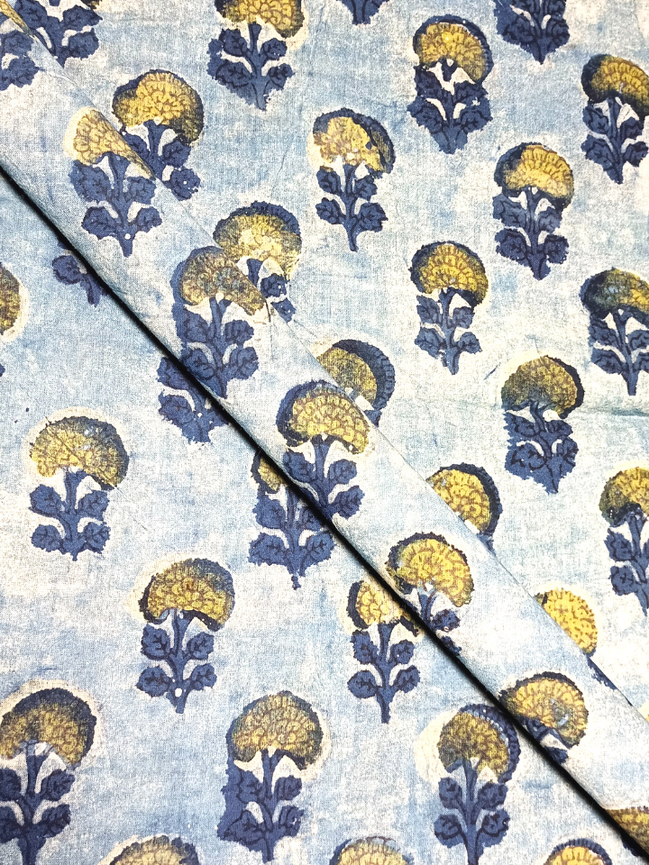 Ajrak Yellow And Indigo Flower With Small Butti Print