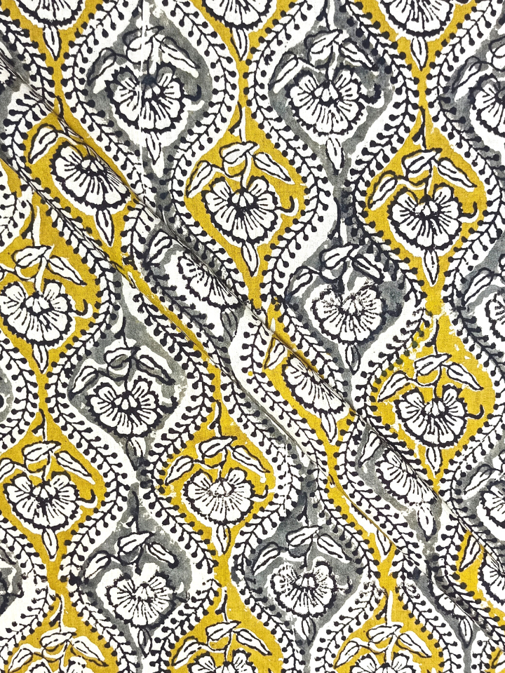 Bagru Kalamkari Yellow And Grey Floral Butti Jaal Print