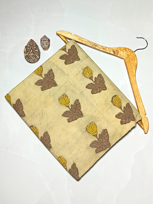 Ajrak Kashish Yellow Flower Single Butta With Brown Leaves Print Fabric