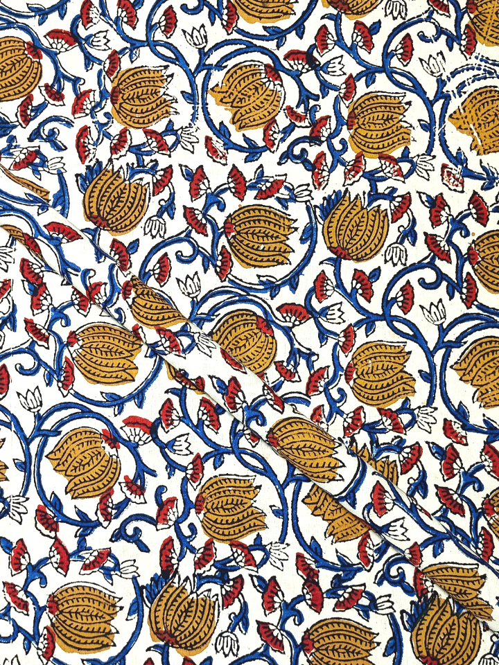 Bagru Kalamkari Mustrad Yellow Lotus With Blue Root Jaal Print