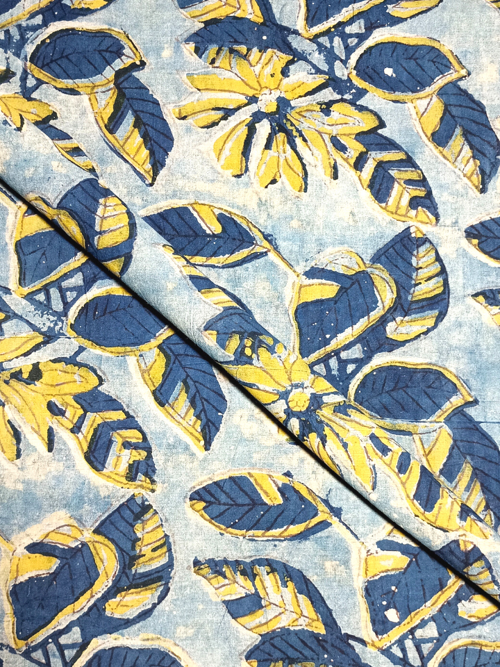 Ajrak Yellow  And Indigo Floral Jaal Print