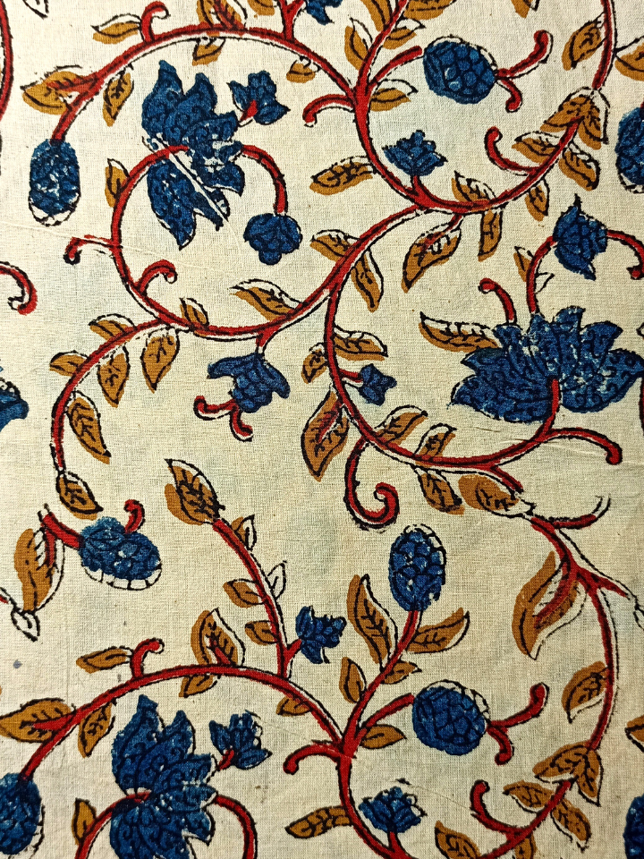 Bagru Kalamkari Flower Jaal Base Cream Flower Blue With Off Yellow Leave Colour Hand Block Print