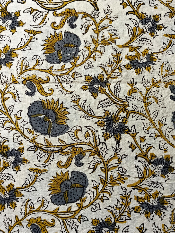 Kalamkari Honey Flower Jaal Cream Base , Leave And Phoda Yellow Colour Hand Block Print Fabric