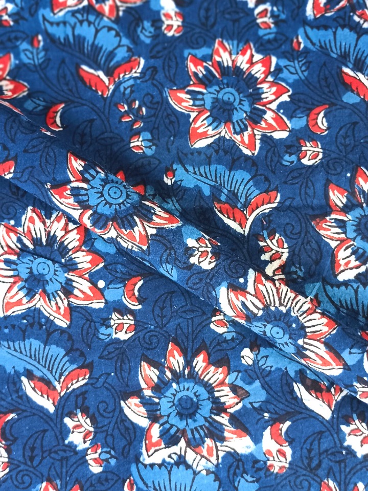 Jawtha Kalamkari Red Flower With Indigo Base Floral Jaal Print