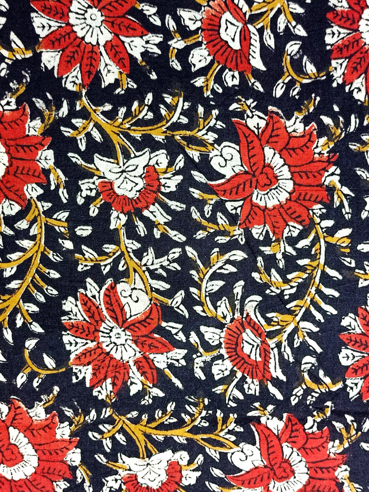 Kalamkari Flower Jaal Base Black Flower Red And Leave Off White Colour Block Print Fabric