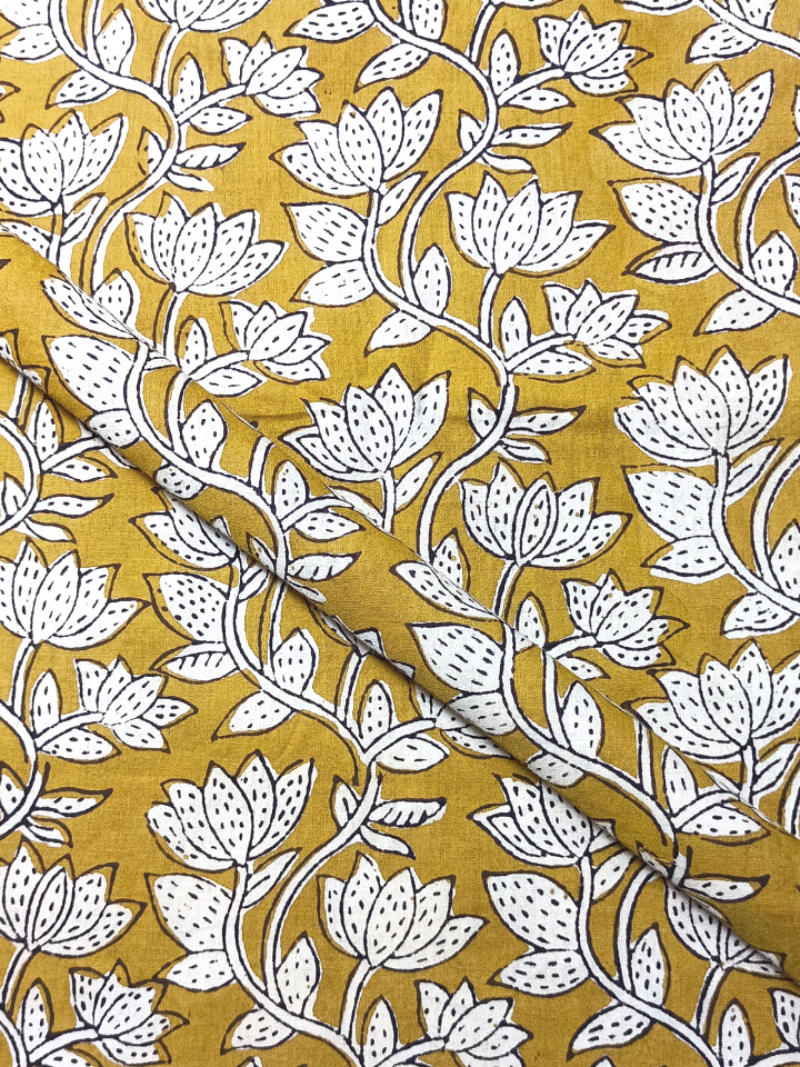 Bagru Kalamkari Yellow And Grey Flower Jaal Print