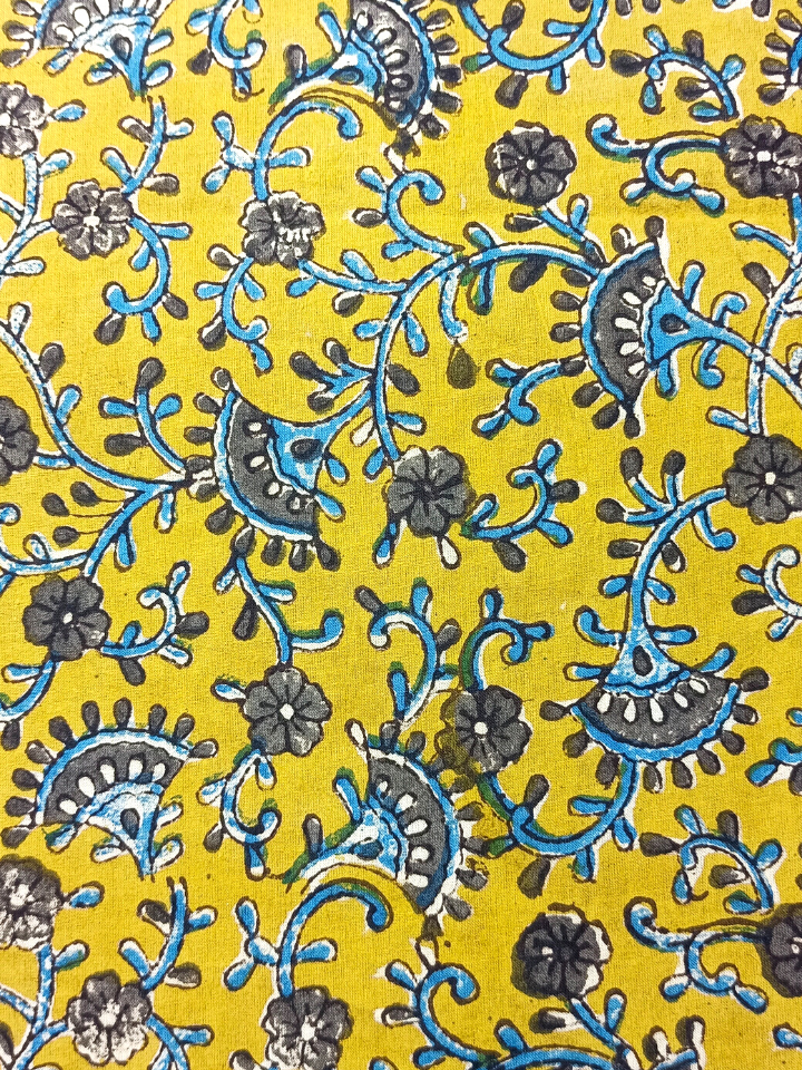 Bagru Floral Kalamkari Jaal 3 Kaam Base Yellow With Flower Grey Leave Off White Blue Colour Block Print Fabric