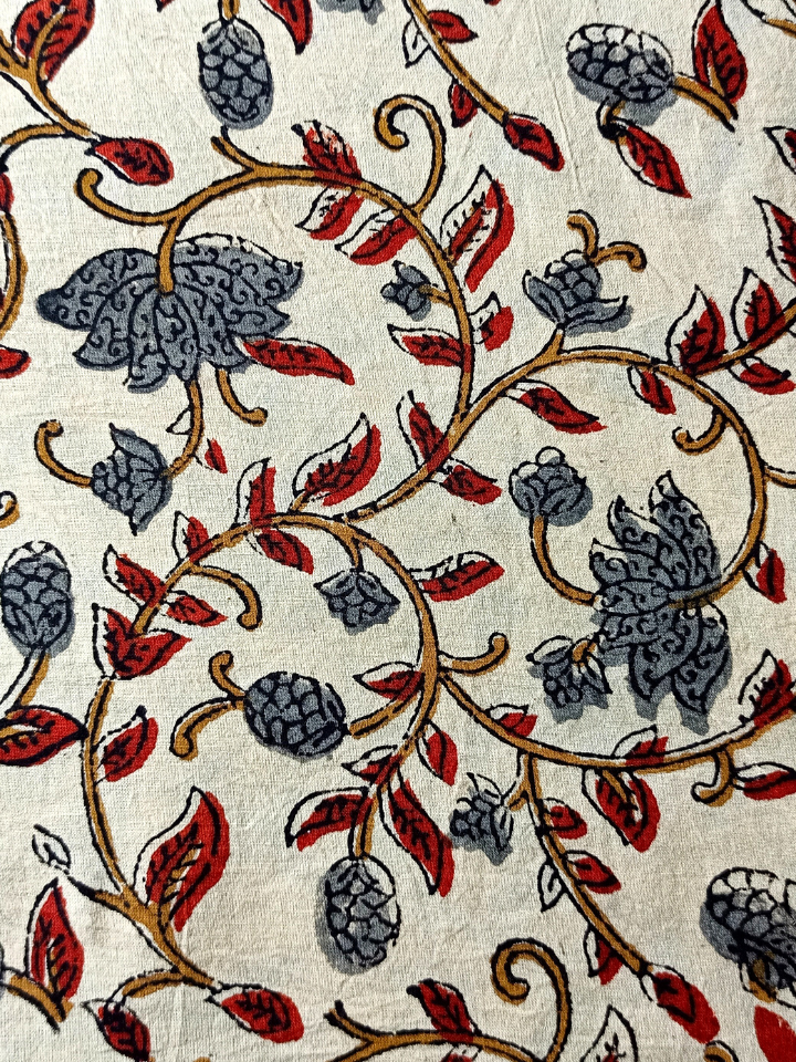 Bagru Kalamkari  Flower Jaal Base Cream , Flower Grey With Red Leave Colour Block Print Fabric