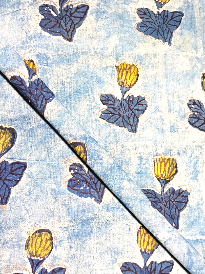 Ajrak  Single Indigo Butta With Yellow Leaves Print