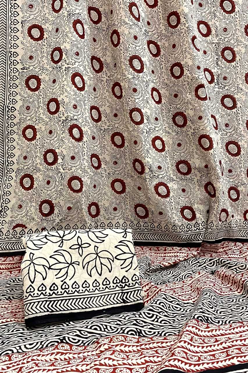 Kalamkari Floral Jaal Off Cream Base With Red Flower Jaal With Dil Zig Bordedr Black Colour Hand Block Print Saree