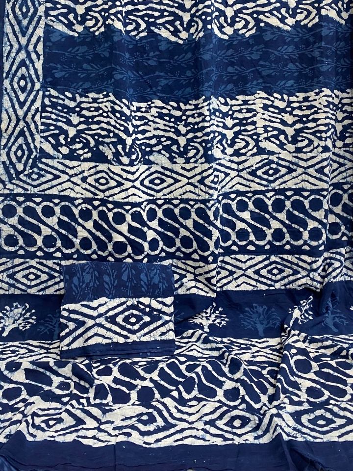 Sherka Kalamkari Jaal Chimki Mud Dabu Indigo Base With 3 Kaam Sakpara Border Hand Block Print