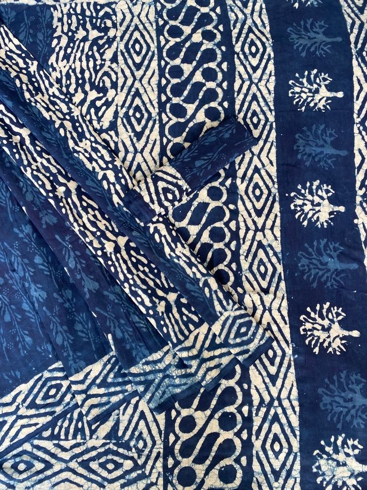 Sherka Kalamkari Jaal Chimki Mud Dabu Indigo Base With 3 Kaam Sakpara Border Hand Block Print