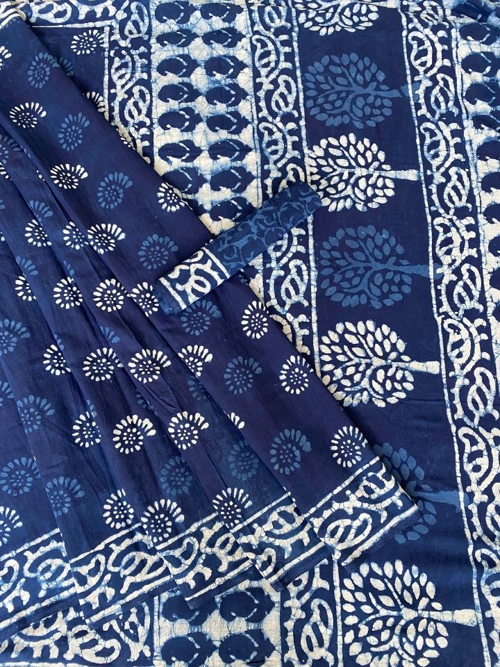 2 Kaam Chakari Indigo Base With Off White Dabu Body With Dabu Base  Keri Leave Border Hand Block Print