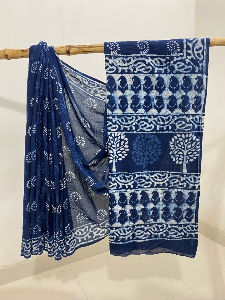 2 Kaam Chakari Indigo Base With Off White Dabu Body With Dabu Base  Keri Leave Border Hand Block Print