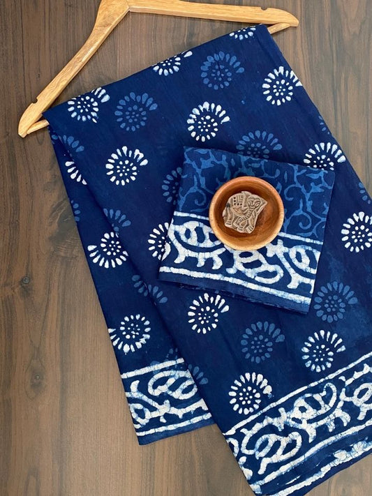 2 Kaam Chakari Indigo Base With Off White Dabu Body With Dabu Base  Keri Leave Border Hand Block Print