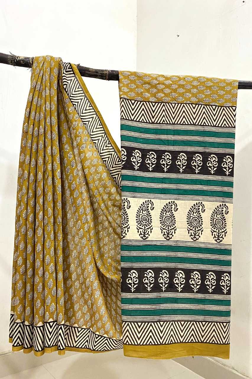 Flower Small Butti Bagru Print Off Yellow Base With Off Black Flower With Zig Zag Border Black Colour Hand Block Print Saree