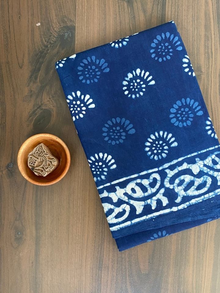 2 Kaam Chakari Indigo Base With Off White Dabu Body With Dabu Base  Keri Leave Border Hand Block Print