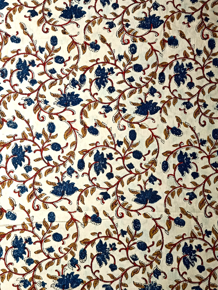 Bagru Kalamkari Flower Jaal Base Cream Flower Blue With Off Yellow Leave Colour Hand Block Print