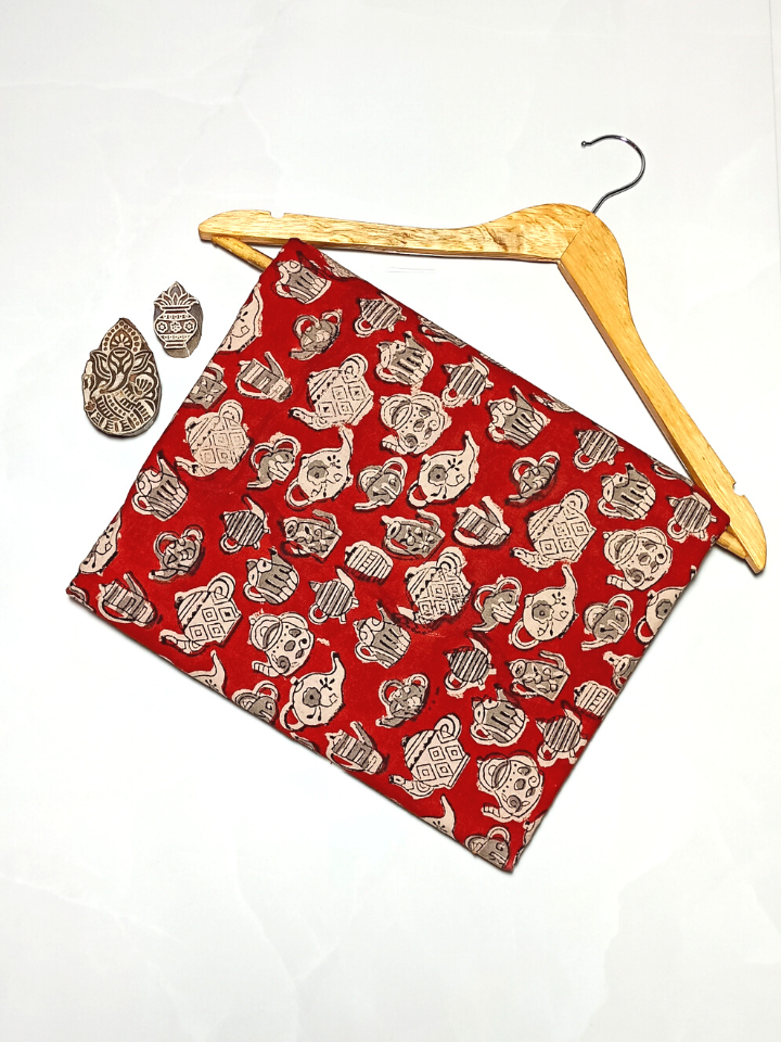 Bagru Kalamkari White And Black Motif With Red Base Print