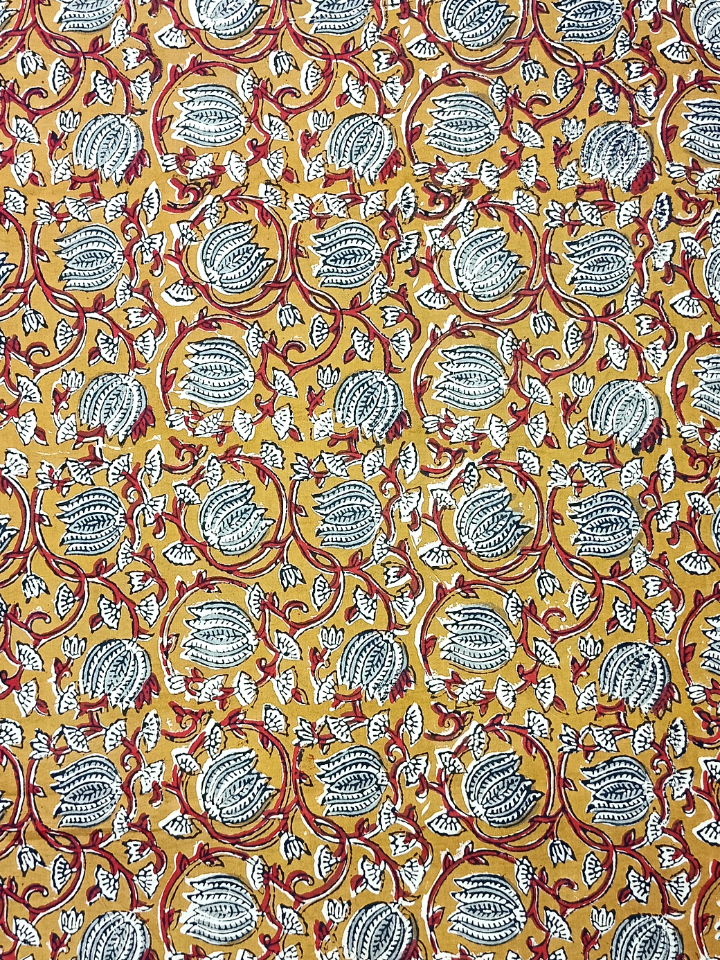 Bagru 2 Kaam Sunflower Base Off Cream Flower Red  And Leave Off Yellow Colour Hand Block Print Fabric