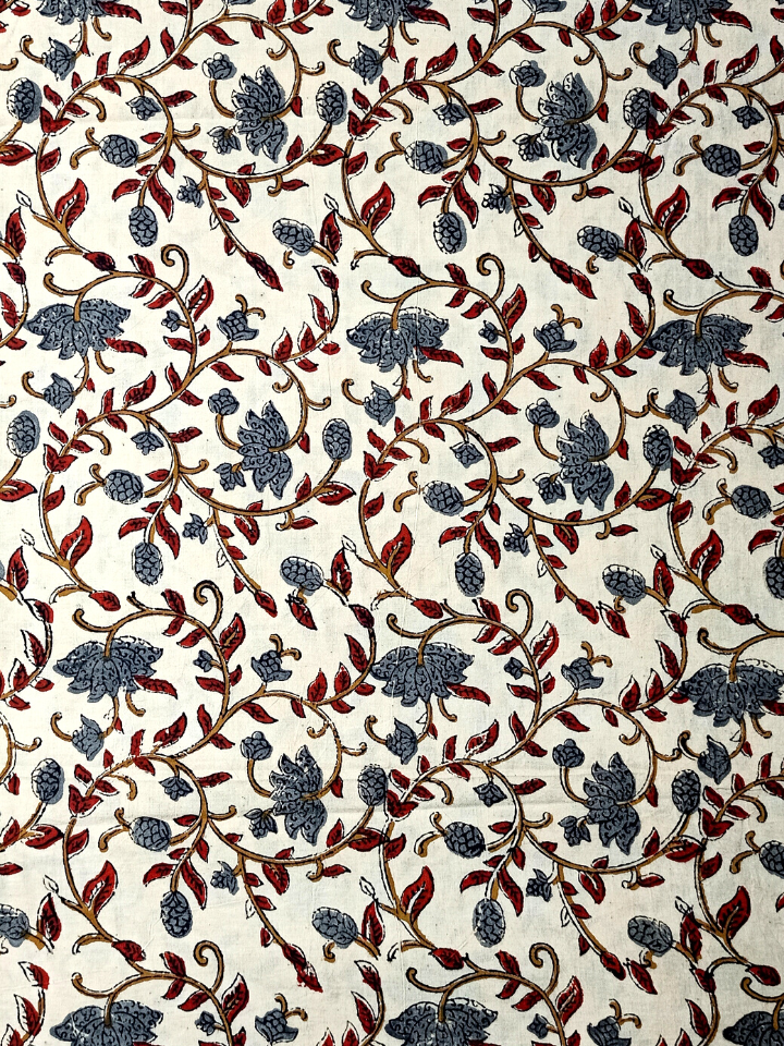 Bagru Kalamkari  Flower Jaal Base Cream , Flower Grey With Red Leave Colour Block Print Fabric