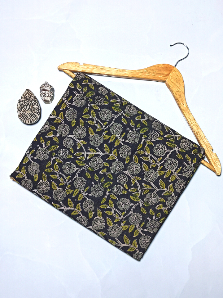 Bagru Kalamkari Grey And Black Jaal Print Fabric