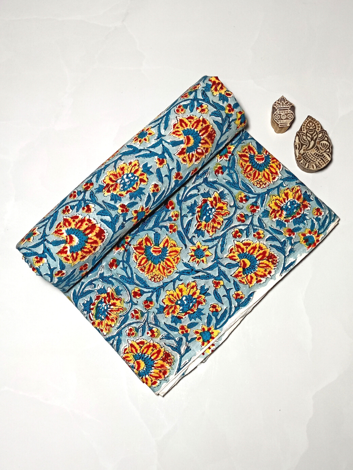 Rapid Sky Blue And Yellow Floral Kalamkari Jaal Print