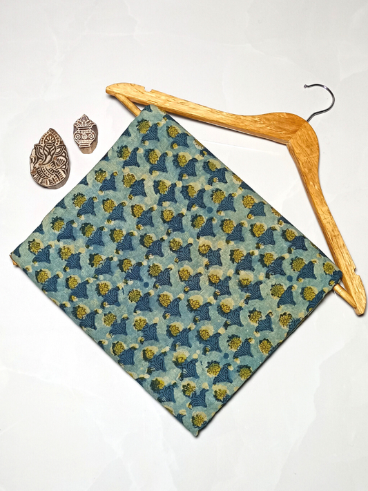 Ajrak Yellow Chhoti Butti With Indigo Leaves Print