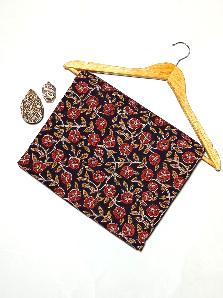 Bagru Kalamkari Red With Green Leave Jaal Print Fabric