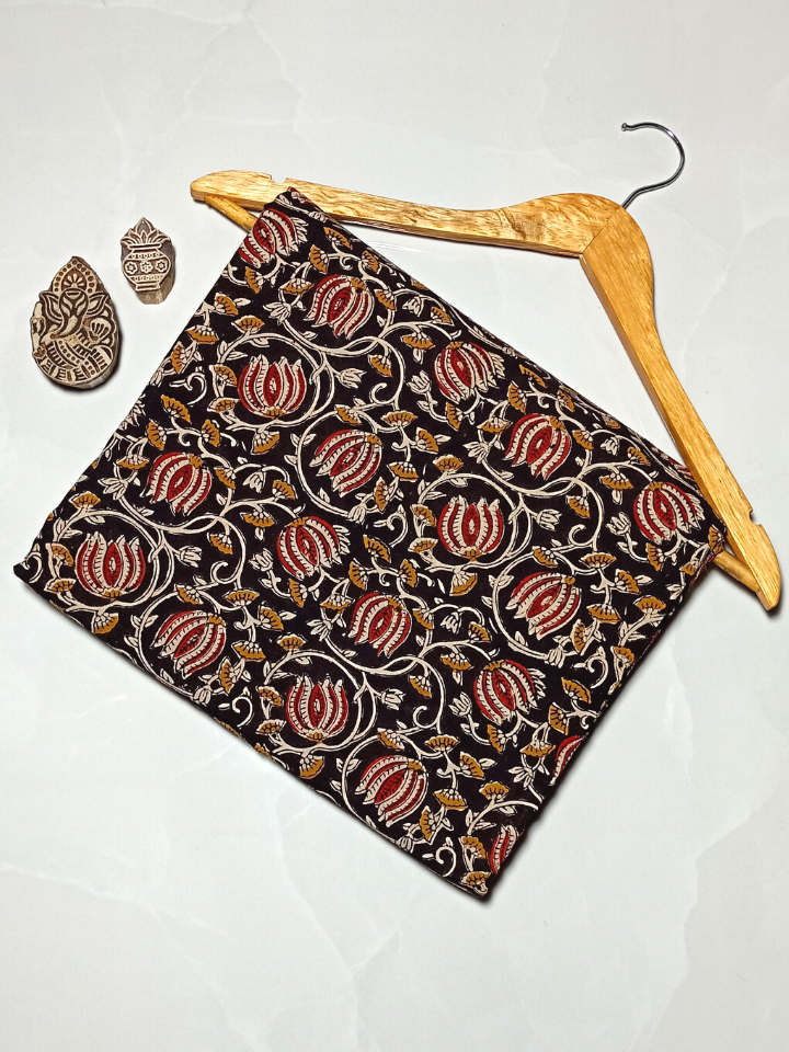 Bagru Kalamkari Red Lotus With Grey Jaal Print