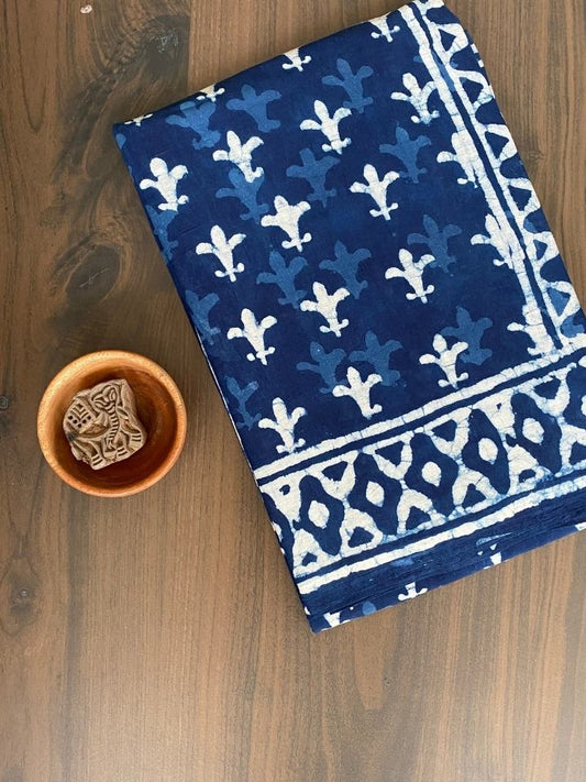 3 Bander Small Butti 2 Kaam Jaal Indigo Base With Bander Jaal Off White Single Katli   Border Hand Block Print