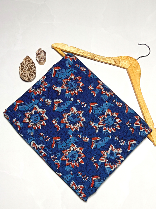 Jawtha Kalamkari Red Flower With Indigo Base Floral Jaal Print