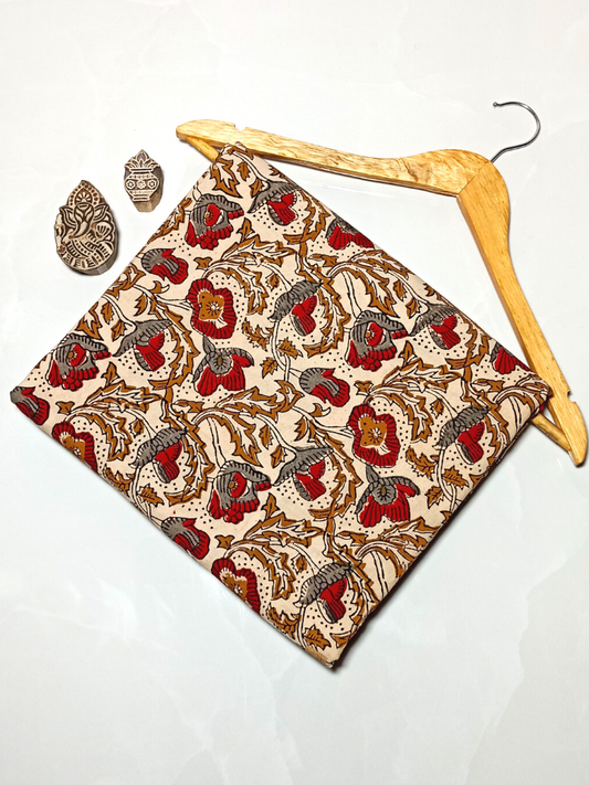 Bagru Kalamkari Red And Brown Floral Jaal Block Print