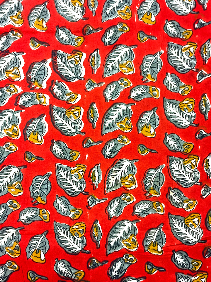 Bagru Print  Leave Motif Base Red With Grey Leave Colour Block Print Fabric