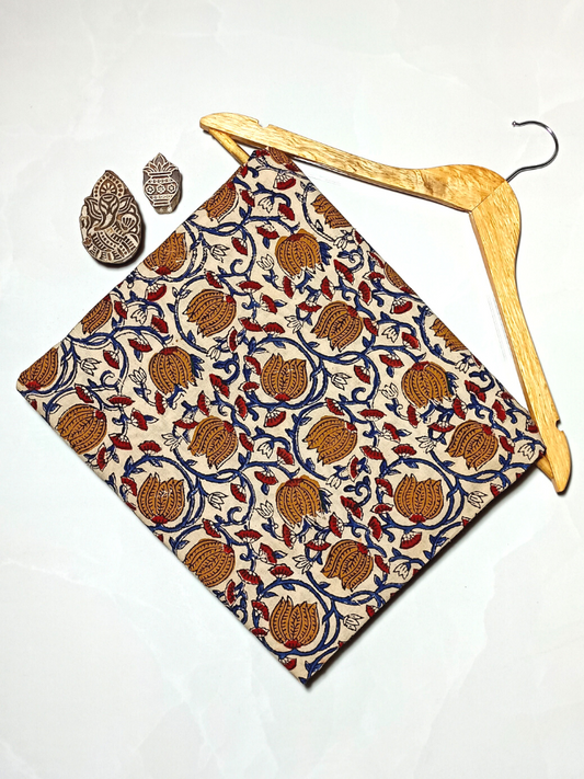 Bagru Kalamkari Mustrad Yellow Lotus With Blue Root Jaal Print