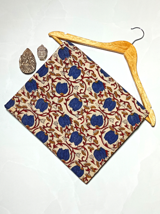 Bagru Kalamkari Blue Lotus With Red Root Jaal Print