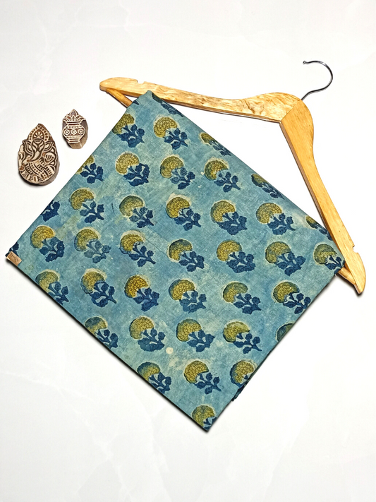 Ajrak Yellow And Indigo Flower With Small Butti Print