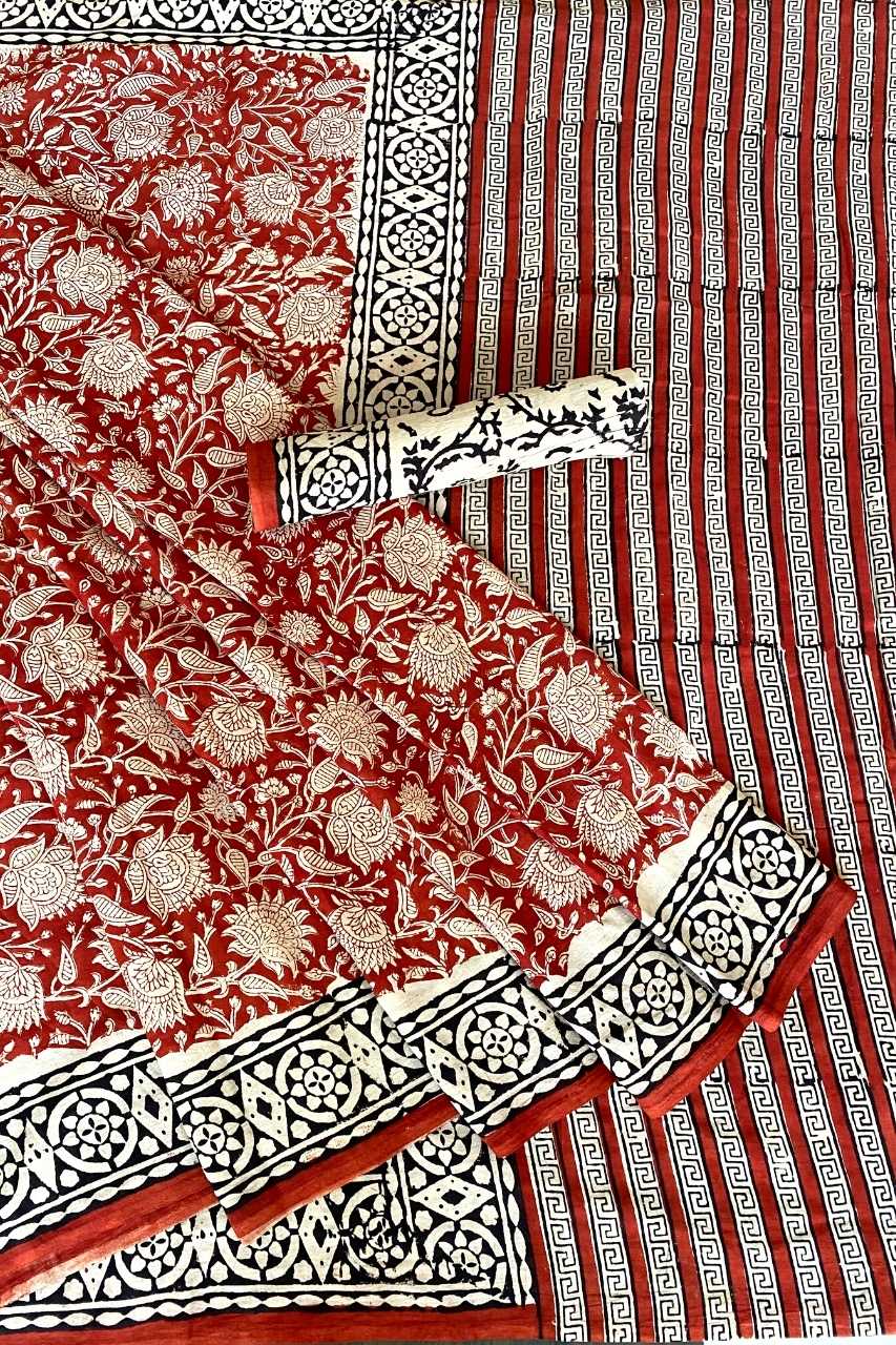 Kalamkari Floral Jaal Red Base With Off Cream Flower With Black Sakpara Border Hand Block Print Saree