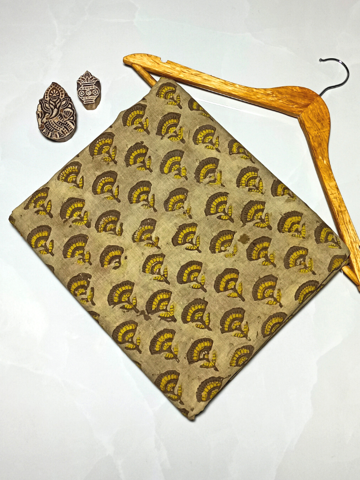 Ajrak Kashish Mustrad Yellow Jaal Butti  With Brown Butti