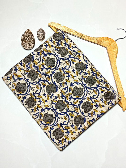 Bagru Kalamkari  Grey Lotus Jaal Flower With Blue Root Print