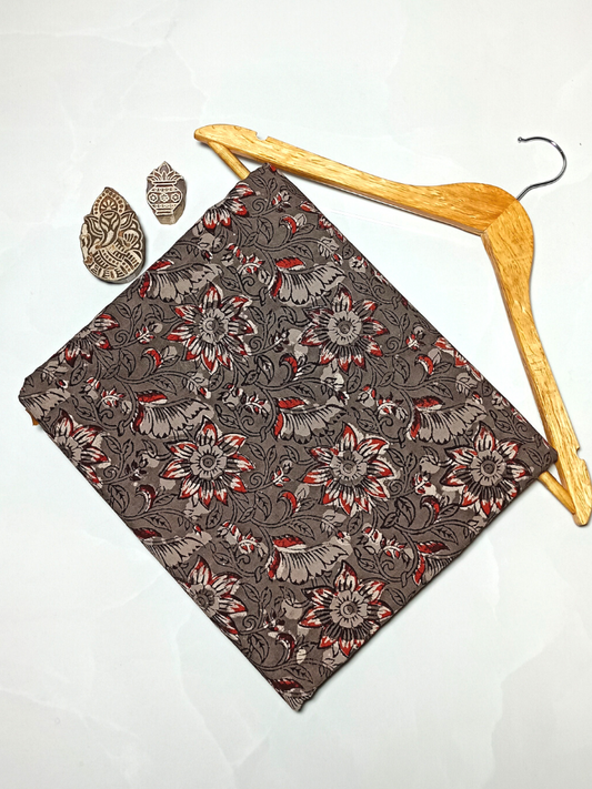 Jawtha Red Flower Jaal Kalamkari With Brown Leaves Print