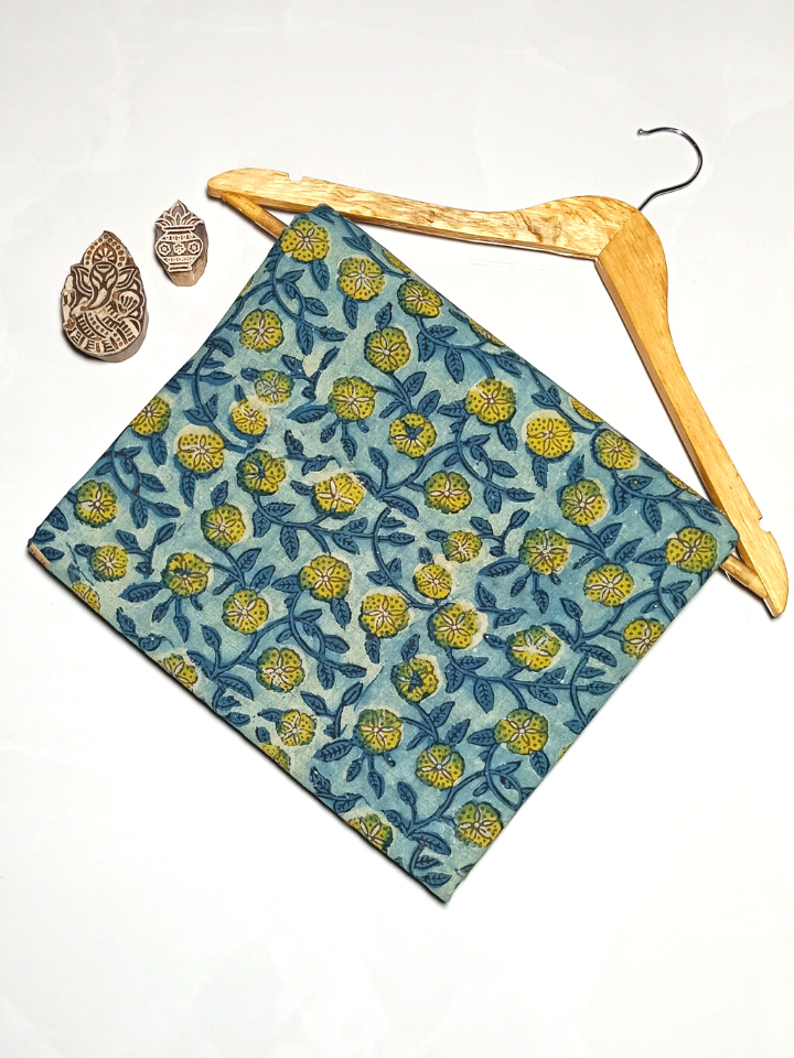 Ajrak Kalamkari Yellow And Indigo Jaal Print